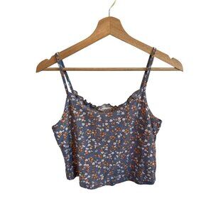 Pink Rose Floral Spaghetti Strap Blue Tank Top Women's Size M Soft Blouse